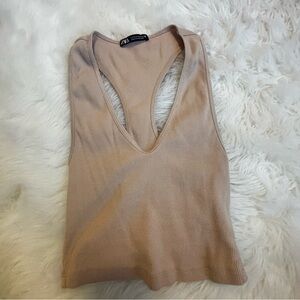 Zara Beige Ribbed Deep V Racerback Tank Top